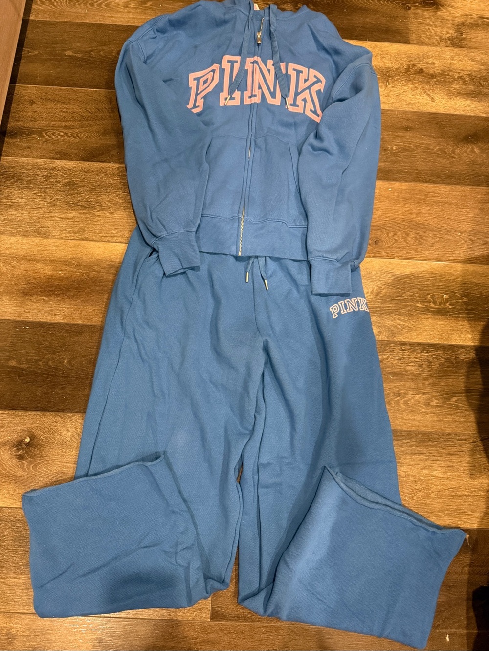 PINK Victoria's Secret Blue Zip Hoodie and Sweatpants Set with Light Pink Logo
